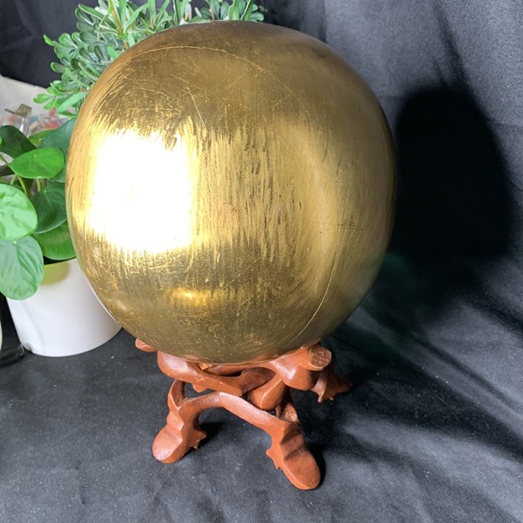 Large 7” diameter gilded solid wood sphere with wooden stand - Picture 2 of 14